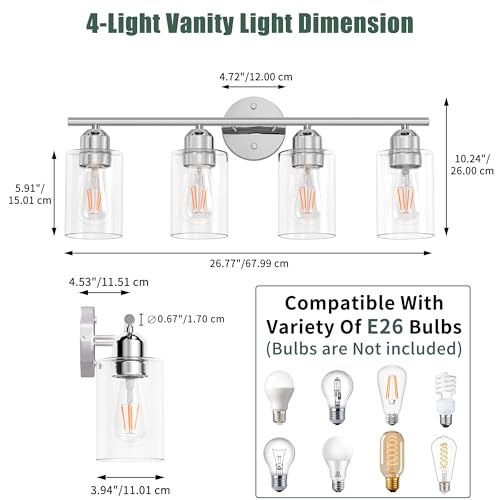 Image of Bathroom Vanity Light Fixtures Polished Chrome,4 Lights Rustic Farmhouse Vanity Bar Lighting Over Mirror Modern Industrial Wall Sconces Lamp with Cylinder Glass Shade