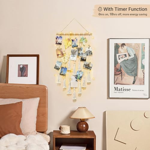 image for Mkono Hanging Photo Display Boho Macrame Wall Decor with Light, Teen G