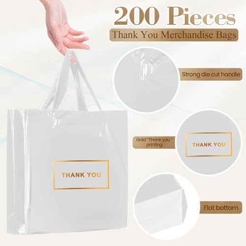 Teling 200 Pcs Thank You Plastic Bags Bulk Thank You Merchandise Bags for Wedding Business, 9 x 12'', 12 x 15'', 15 x 18''(White)