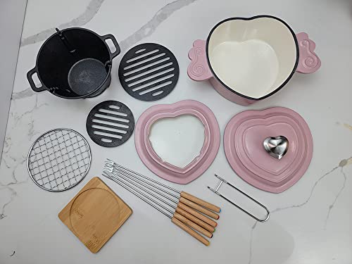 Hawok Enameled Cast Iron Cheese Fondue Set Heart Shaped Pink #TOP1