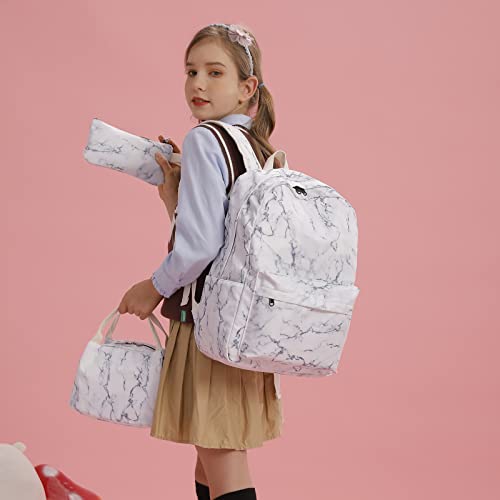 Joyfulife Marble Backpack for Girls Backpack for School Kids Elementary Bookbags Teen Girls Backpack with Lunch Box and Pencil Bag Set