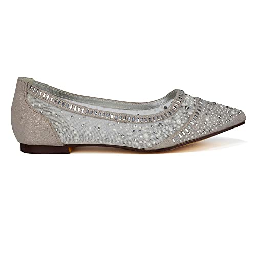 ESSEX GLAM Womens Flat Bridal Shoes Ladies Slip On Pointed Toe Sparkly Diamante Bridesmaid Wedding Pumps Size 3-8 Silver
