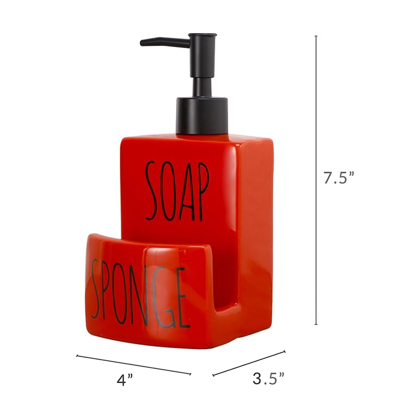Dispensador de jabón de cerámica con Soporte de Esponja para Fregadero de Cocina, baño, encimera, Almacenamiento y organización (Rojo)