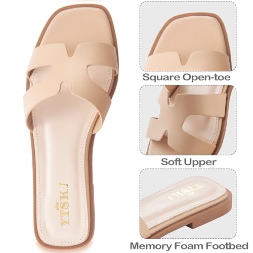 Image of Sandals for Women Dressy Comfortable Flat Open Toe Casual Wide Width Cute Trendy Shoes Soft Leather Slip On Ladies Slides for Summer 2026 Nude Size 9