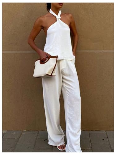 MakeMeChic Women's Halter Tops Criss Cross Backless Cute Going Out Tops Sleeveless Tie Casual Textured Shirt3