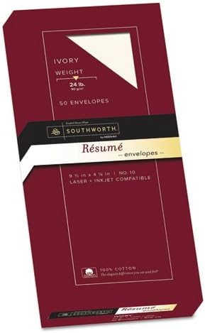 Southworth 100% Cotton #10 Resume Envelope, 4 1/8 x 9 1/2, Ivory, 24lb, Wove, 50/Box
