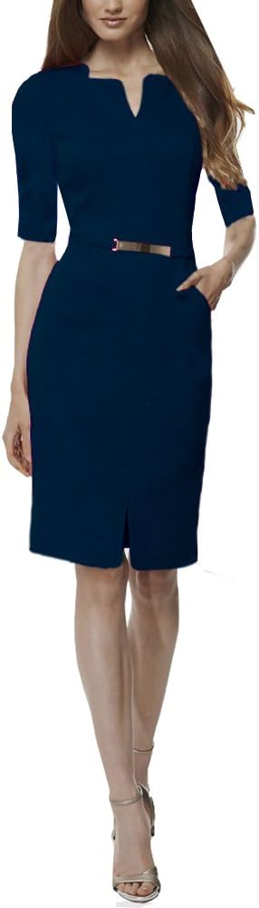 Mmondschein Women's Retro Elegant V Neck Bodycon Business Work Midi Pencil Dress