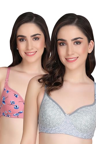 Image of Flower Print Bra for Women - Made of Pure Cotton Full Coverage Non Wired Pushup Soft Cup for T-Shirt Saree Dress Sports Garment for Daily Use Everyday