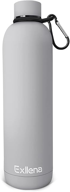 Exllena Metal Water Bottles with Water Bottle Buckle, Double Wall Vacuum Insulated Water Bottles 12 Hrs Hot/24 Hrs Cold, 1L Stainless Steel Water Bottle BPA Free for Gym, Camping, Hiking (Grey)