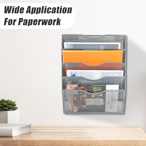 EASEPRES 5 Pocket Mesh Hanging Wall File Organizer, Wall Mounted Mail Paper Document Folder Holder, Clipboard Storage Organization Magazine Rack with Nametag Label for Office Home School, Gray - Thumbnail 7