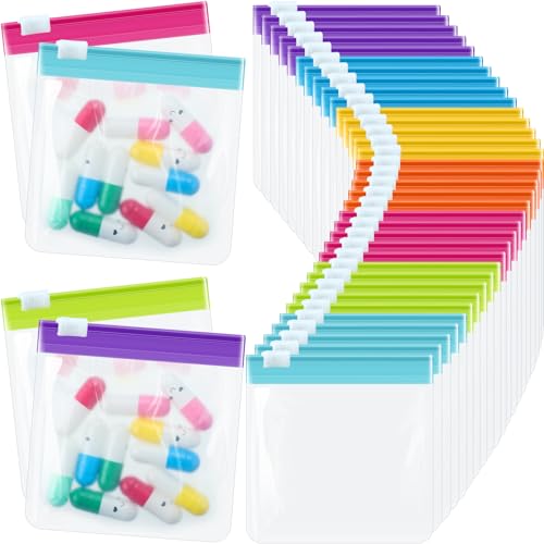Sherr 35 Pcs Pill Pouch Bags with Zipper Pill Pouch Set Travel Reusable Translucent Medicine Organizer Self Sealing Plastic Bag with Slide Lock for Storage(Bright Colors 3 x 3 Inch Blank Style)