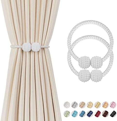 2 Pieces Magnetic Curtain Tie Backs - 19" Long Pearl Ball Curtain Magnetic TieBacks, European Drapes Clips Rope Holdbacks for Home, Office, Hotel Window Decorative, Grey