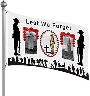 Remembrance Day Decorations 100D Polyester Lest We Forget Soldier Army Flags 5ft x 3ft with Eyelets Remembrance Day Poppy Flag with Vivid Color and UV Fade Resistant