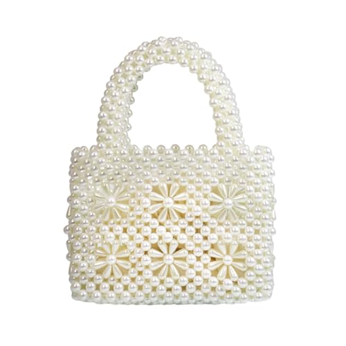Image of Women Beaded Handbags Elegant Handmade Weave Purse Crystal Pearl String Tote Bags for Banquet Wedding Cocktail