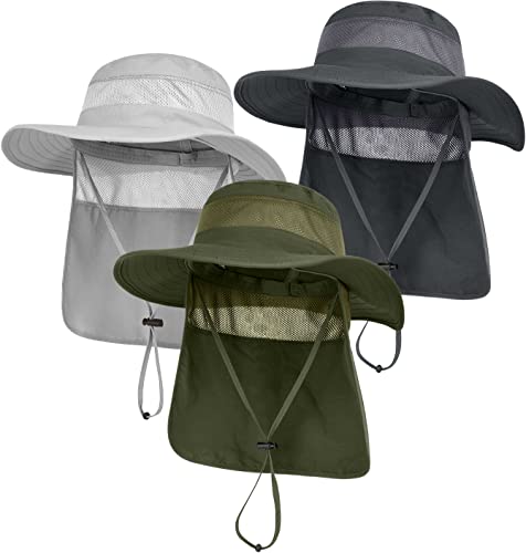 3 Pack Mens UPF 50+ Wide Brim Sun Hat with Neck Flap for Fishing Hiking Garden (3 Pack Dark Grey?Light Grey?Army Green)
