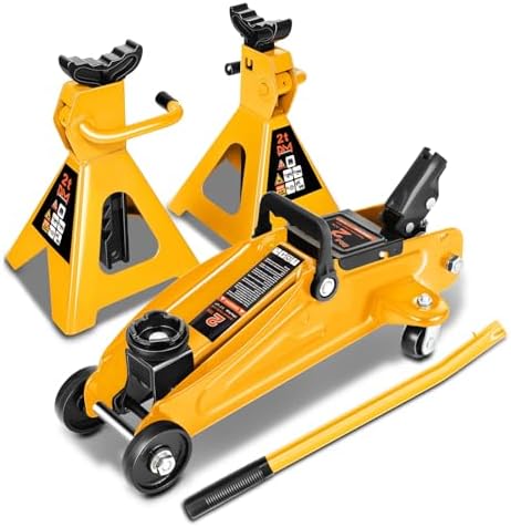 PM PERFORMOTOR Low Profile Hydraulic Trolley Service/Floor Jack Combo with 2 Ratchet Jack Stands, 2 Ton (4000 lbs) Capacity, Orange,PM-TOL-FJ3P-OG