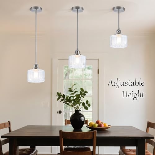 Image of MAYNA 1 Pack Modern Pendant Light with Clear Striped Glass Lmapshade, Brushed Nickel Vintage Pendant Light Fixtures, Adjustable Hanging Light for Kitchen Island Dining Room Hallway(Bulb Included)