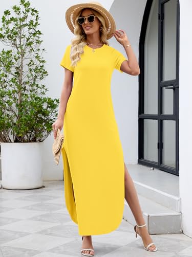 Image of Heymoments Womens Summer Maxi Dress Short Sleeve Casual Loose Long T Shirt Split Vacation Beach Sundress with Pockets