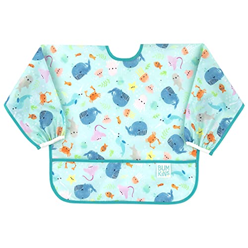 Bumkins Sleeved Bib Baby Bib, Toddler Bib, Smock, Waterproof Fabric, Fits Ages 6-24 Months â€“ Ocean Life