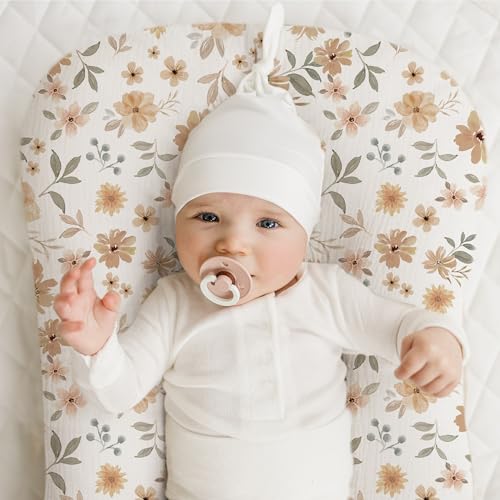 Image of Konssy Muslin Baby Lounger Cover 2 Pack, 100% Cotton Newborn Lounger Cover, Soft and Breathable Baby Nest Slipcover for Boys Girls (Peach, Flowers)