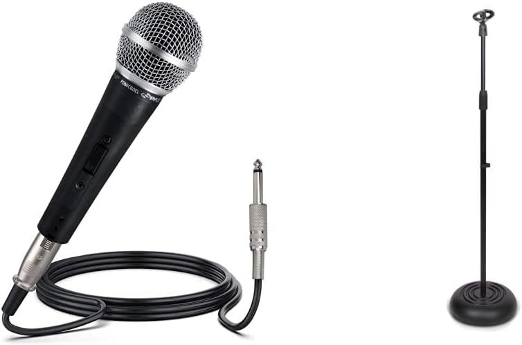 Pyle Professional Dynamic Vocal Microphone - Moving Coil Dynamic Cardioid Unidirectional Handheld Mi w/Microphone Stand - Universal Mic Mount with Heavy Compact Base, Height Adjustable