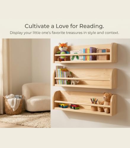 Image of Decazone Nursery Wall Shelves Set of 3, Solid Pine Wood Floating Bookshelves for Kids Room, Bathroom, Kitchen & Living Room - Multipurpose Wall Storage & Display Rack (Natural Finish)