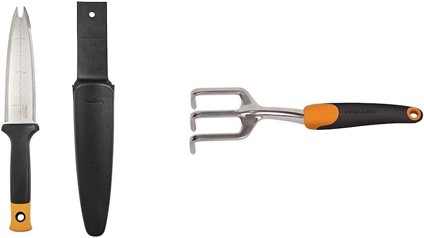 Fiskars 340130-1001 Garden Hori Knife with Sheath, Black & 384240-1001 384240-1007 Cultivator, Multicolor