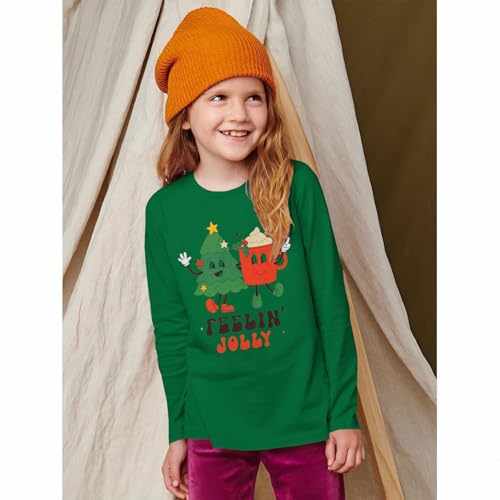 Image of Kids Christmas Shirts Girls Boys Feelin Jolly Long Sleeve T-Shirts Xmas Tree Hot Cocoa Graphic Tee Holiday Fall Tops