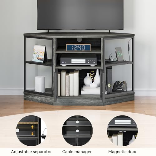 DWVO Corner TV Stands, Corner Entertainment Center, TV Cabinet with Power Outlet, LED Light Strip and Adujustable Shelf, Space Saver Hexagon Small TV Consoles for Living Room, Dark Grey