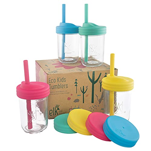 Elk and Friends Kids Cups/Toddler cups with Silicone Straws - Glass Mason Jars 8 oz with Straws + Straw Lids + Leak Proof Regular Lids - Spill Proof cups for kids, Sippy Cups for Toddlers