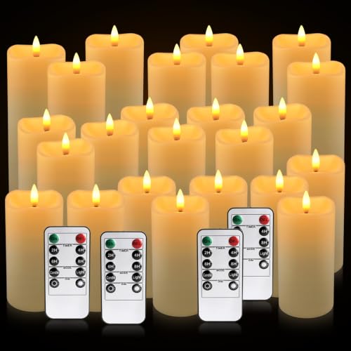 Image of Enpornk 24-Pack Flameless Candles Battery Operated Candles Pillar LED Candles with 10-Key Remote and Cycling 24 Hours Timer for Home Decor(Ivory 4 inch 5 inch 6 inch)