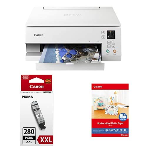 Canon PIXMA TS6320 Wireless All-in-One Photo Printer, White & PGI-280 XXL Pigment Black Ink Tank & 7” x 10” MP-101D Double Sided Matte Photo Paper