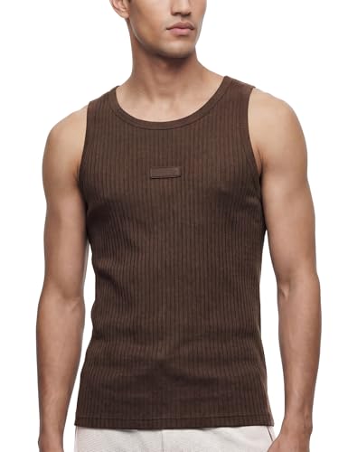 Image of DAMENSCH Men Ribbed Texture, Cotton-Rich Comfort, Easy Regular fit, Solid Colours Ribbed Elemental Tank Tops