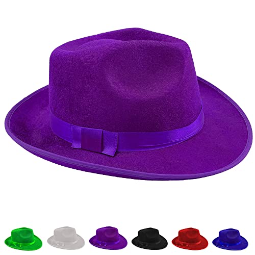 Carnavalife Sombrero Panamá Gangster para Adulto Niños Grandes, Fedora Trilby de 20s para Disfraces de Gatsby, Sombrero de Ala Ancha Hombre de Fieltro con Cintas de Satén, Talla única (Morado)