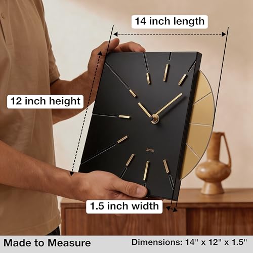 Image of Driini Black and Gold Mid Century Modern Wall Clock, Battery Operated | Square MCM face with a minimalist midcentury look. Contemporary decorative analog design for kitchen, office or living room