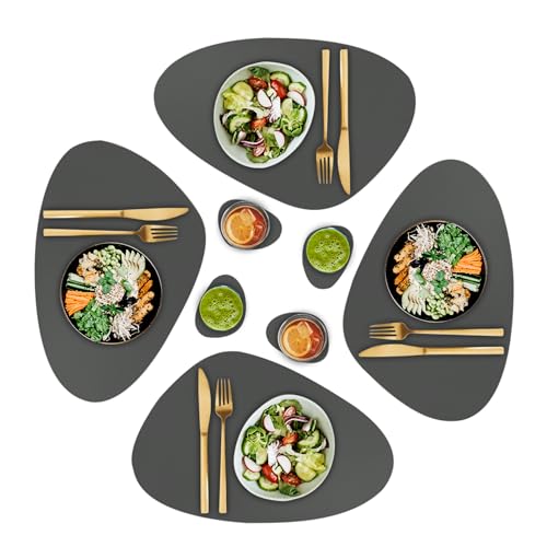CaSail Faux Leather Placemats and Coasters - Set of 4 Round Modern Charcoal Table Mats for Dining - Heat Resistant, Waterproof & Non Slip mat for Indoor & Outdoor - Wipeable for Easy Care