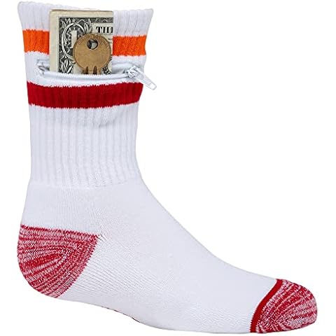 Pocket Socks Moisture Wicking Girls Crew Socks with Hidden Pocket - Cushioned Socks with Zipper Pocket for Kids - Holds Medication, House Key, Lunch Money -Orange/Red/White (Kid Size 8-12 Years Old) Cover