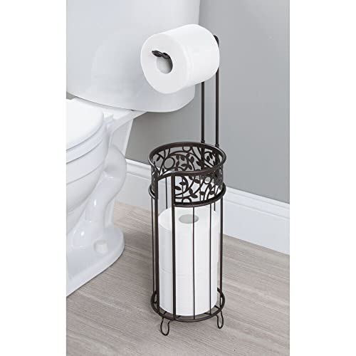 mDesign Freestanding Toilet Paper Holder – Modern Toilet Roll Dispenser with Vine Pattern – Bathroom Storage for Loo Roll with Space for 3 Spare Rolls – Bronze