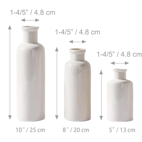 Small Ceramic Vase Set for Dining Table Decoration, Set of 3 White Flower Vase in Nordic Style for Home Decor, Mini Decorative Vase for Single Flower Pampas Grass - Height 5-8-10 inch, Glossy White