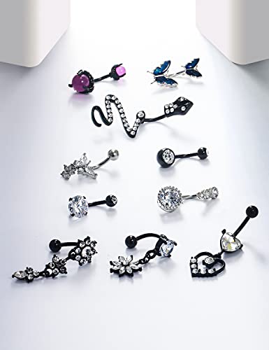 Eakxnig 14G Belly Button Ring Surgical Steel Dangle Belly Rings Snake Glow Dark Round Cubic Zirconia Navel Barbell Body Piercing Jewelry For Women 3/8Inch 10Mm Silver,Rose,Purple,Black Men Belly Ring #TOP2