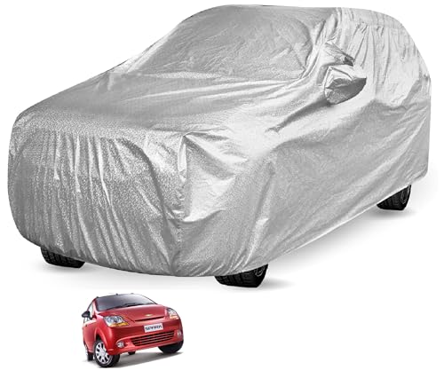 Image of Auto Hub Car Cover Compatible with Chevrolet Spark with Mirror Pocket and Soft Cotton Lining,Waterproof Spark Car Cover, Metallic Silver