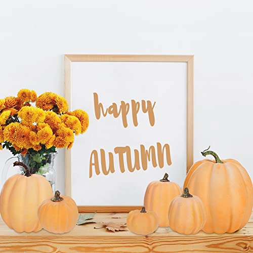 Image of Winlyn 7 Pcs Assorted Sizes Artificial Fall Pumpkins Faux Orange Decorative Foam Pumpkins for Gifts Fall Baby Shower Wedding Thanksgiving Halloween Table Centerpiece Mantel Decor