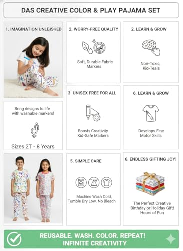 Image of Soft Lycra Reusable Kids T-Shirt & Pant Set with 10 Washable Marker Pens | DIY Coloring Clothes for Boys & Girls | Reusable Creative Pajama Gift Set(4-5 Year)