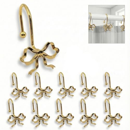 Udihch Bow Shower Curtain Hooks 12-Pack Elegant Shower Curtain Hangers Suitable for Bathrooms Bedrooms Living Rooms and Childrens Rooms Easy to Slide Fits Standard Rods. (Gold)