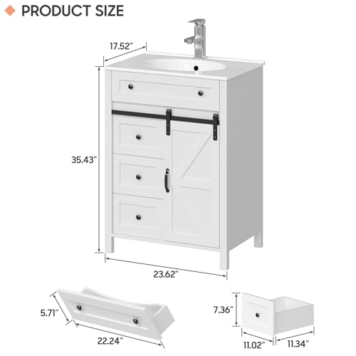 Vabches 24 Inch Bathroom Vanity with 4 Drawers and Sliding Door, Freestanding Bathroom Storage Cabinet with Sink Combo, Vintage Vanity Cabinet with Ceramic Sink, Faucet, Drain, White - Thumbnail 2