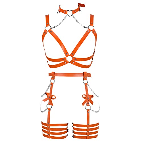 Womens Harness Leather Body Chain Bowknot Lingerie Garter Belts Set Hollow Out Christmas Dance Fashion Clothing (Orange)
