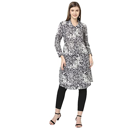 Image of CLOTH HAUS INDIA Floral Printed Shirt Collar Modal Kurti