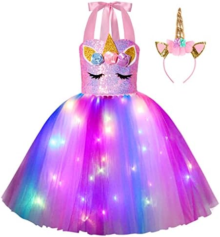KAKALVER Unicorn Dress for Girls Unicorn Costume LED Light Up for Dress up Halloween Birthday Party Decoration Unicorn Gifts