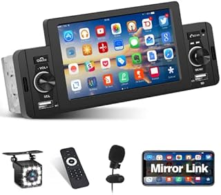 Single Din Car Stereo Bluetooth Hands-Free with 5" Touch Screen, Car MP5 Player USB FM Multimedia Radio Support Android and iOS Mirror Link SWC SEL EQ External Mic+Rear View Camera
