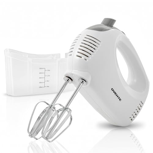 OVENTE 5-Speed Corded Electric Hand Mixer with Stainless Steel Whisks, Compact Portable Design with Snap-On Storage Case,150W Lightweight Handheld Mixer for Baking & Cooking, White HM151W  